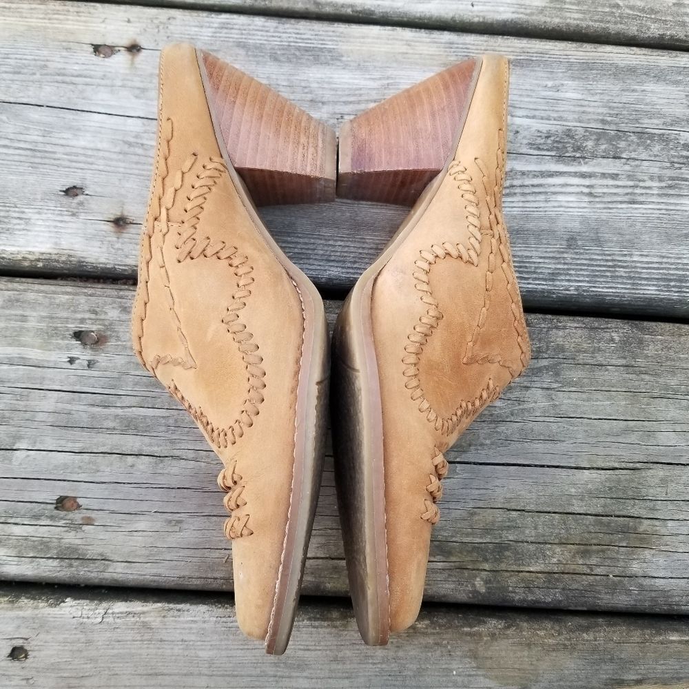 Vintage 90s y2k Camel Tan Suede Boho Western Cowgirl Whipstitch Heeled Mules 6.5 - Picture 7 of 10